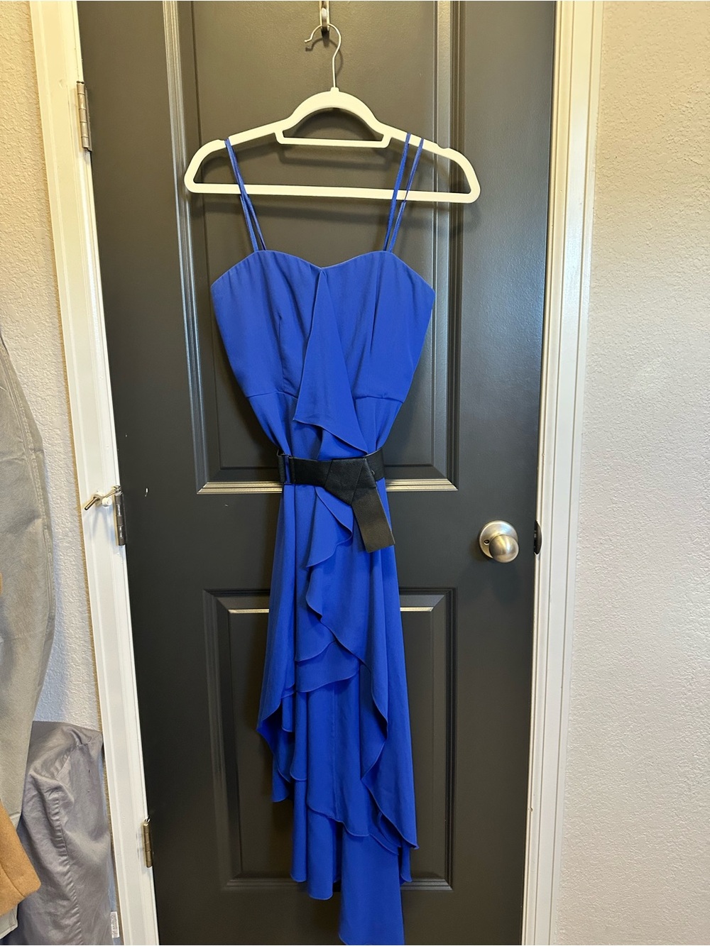 Blue Ruffled Spaghetti-Strap Dress with Belt